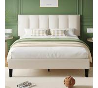 VECELO - Cama Doble Acolchada, somier de Plataforma con Soporte para láminas de Madera sólida, Tejido Aterciopelado, fácil Montaje, Color Beige