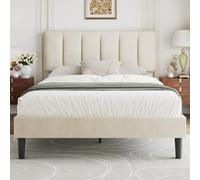 VECELO Cama Doble Acolchada, somier de Plataforma con Soporte para láminas de Madera sólida, Tejido Aterciopelado, fácil Montaje, Color Beige, Metal, 140x190 cm
