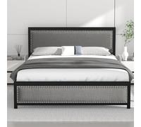 VECELO - Marco de Cama de 140 x 190 cm, de Lino Acolchado, Lamas de Metal Resistente, Almacenamiento bajo la Cama, fácil de Montar, Color Gris