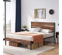 VECELO Marco de Cama Doble con cabecero de Madera, Plataforma de Metal de Madera con Gran Almacenamiento Debajo de la Cama, no Necesita somier, Soporte de Listones Resistente, fácil Montaje