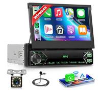 VECHTEL 7“,Radio para coche 1 Din Carplay Android Auto Inalámbrico con pantalla retráctil eléctrica,radio FM con Bluetooth,GPS,Mirror Link 2 USB/Type-C,con cámara de visión trasera/Control del volante