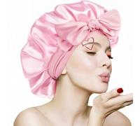 VECIIR Gorro de seda para mujeres durmientes, gorro ajustable para cabello rizado con banda de corbata, gorro de ducha, rosa, grande