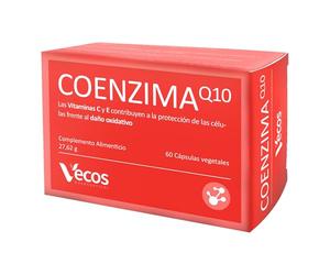 Vecos Coenzima Q10 60 Cápsulas - Alta Concentración, Con Vitamina C y E, Antioxidante Natural, Sin Gluten ni Azúcares.