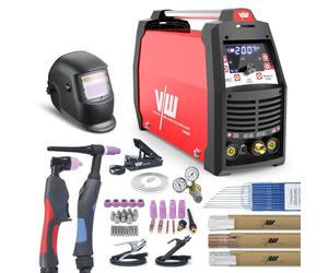 VECTOR WELDING New York 2500D AC/DC TIG - Equipo de soldadura (200 A + 50 A, Cortador de Plasma, Pantalla LED, Encendido HF, MMA 170 A, incluye casco, pedal y accesorios, para aluminio, acero