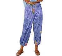 Vectry Pantalones Capri de Mujer Pantalones Casuales Sueltos de Cintura Alta con cordón de algodón de Verano con Bolsillos Mallas De Cuero Mujer (Blue, XXXXXL)