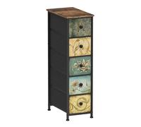 VEDECASA Cómoda Estrecha con 5 Cajones de Tela Estilo Bohemio Tocador de Maquillaje Cómoda con Cajones para Dormitorio Salón Pasillo de Marco Metálico MDF Aspecto de Madera Vintage