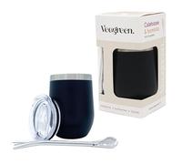 Veegreen Kit Calebasse Yerba Mate | Taza isotérmica + pajita Bombilla tradicional + tapa tipo termo | Botella ideal para beber mate caliente | Doble pared de acero inoxidable (Kaki) (Negro)