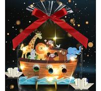 VEEKAY Bebe de Bautizo Regalo de Madera,Incluye una Tira de Luces LED de un Metro de Largo y una Cinta,Barco de Madera con Base,el Arca de Noé,Regalos en Dinero Para El Bautismo De Niñas Y Niños
