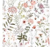 VEELIKE Papel Pintado Flores Rosa Melocotón Vintage 44,5 cm x 900 cm Papel Pared Estampado Papel Pintado Hojas Blanco Murales Decorativos Pared Dormitorio Flores Silvestres Niña Habitacion