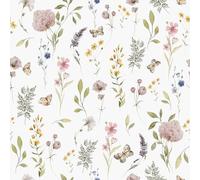 VEELIKE Papel Pintado Flores Silvestres Acuarela Blancas Papel Pintado Estampado 44,5cm x 300cm Vinilo Decorativo Vinilos para Pared Hojas Botánico Vintage Art Deco Baño Armarios Dormitorio Extraíble