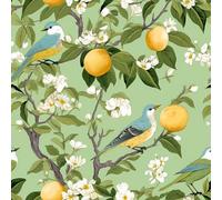 VEELIKE Papel Pintado Frutas Verde Pajaros Fotomurales Decorativos Pared Dormitorio Baño 44,5 cm x 300 cm Papel Pintado Pared Salon Flores Chinoiserie Vinilos para Muebles Mural Pared Extraíble