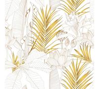 VEELIKE Papel Pintado Hojas Doradas Bohemio Papel Pintado Hojas Palmeras Exóticas Vinilo Decorativo Flores Loto Dorado Vinilos para Pared Estampado Botánico Fotomurale Dormitorio Baño 44,5cmx300cm
