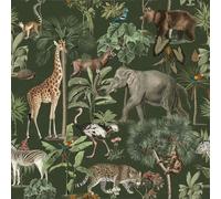 VEELIKE Papel Pintado Selva Animales Verde Papel Pintado Pared Tropical Jungla 44.5 cm × 300 cm Elefantes Osos Tigres Jirafas Fotomurales Decorativos Pared Dormitorio Baño Vinilo Adhesivo Muebles