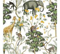 VEELIKE Papel Pintado Selva Tropical Exótico Animales Vinilo Decorativo Papel Pared Estampado Elefantes Jirafas Monos Vinilos para Pared Niños Habitacion Vinilos para Pared Baño 44,5cm x 300cm