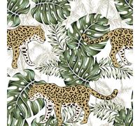 VEELIKE Papel Pintado Selva Tropical Guepardo Exótico Papel Pintado Autoadhesivo Pared Leopardo Blanco 44,5 cm x 300 cm Vinilo Pared Hojas Verdes Murales Decorativos Pared Baño Habitacion Extraíble