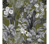 VEELIKE papel pintado vintage con diseño floral verde y gris, autoadhesivo, contacto hojas tropicales para muebles, 44,5 x 300 cm, pared botánico Art Deco para dormitorio