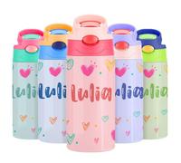 VEELU Botella Agua Personalizada con Pajita - Termo Personalizado con Nombre - Botella Agua Acero Inoxidable Personalizada - Botella Termica Niña 350ml - Regalo Seño Infantil
