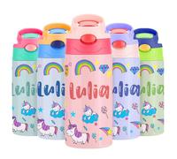 VEELU Botella Agua Personalizada con Pajita - Termo Personalizado con Nombre - Botella Agua Acero Inoxidable Personalizada - Botella Termica Niña 350ml - Regalo Seño Infantil