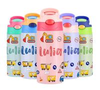 VEELU Botella Agua Personalizada con Pajita - Termo Personalizado con Nombre - Botella Agua Acero Inoxidable Personalizada - Botella Termica Niña 350ml - Regalo Seño Infantil