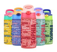VEELU Botella Agua Personalizada con Pajita - Termo Personalizado con Nombre - Botella Agua Acero Inoxidable Personalizada - Botella Termica Niña 350ml - Regalo Seño Infantil