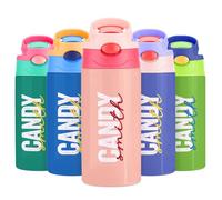 VEELU Botella Agua Personalizada con Pajita - Termo Personalizado con Nombre - Botella Agua Acero Inoxidable Personalizada - Botella Termica Niña 350ml - Regalo Seño Infantil