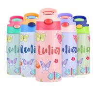 VEELU Botella Agua Personalizada con Pajita - Termo Personalizado con Nombre - Botella Agua Acero Inoxidable Personalizada - Botella Termica Niña 350ml - Regalo Seño Infantil