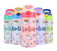VEELU Botella Agua Personalizada con Pajita - Termo Personalizado con Nombre - Botella Agua Acero Inoxidable Personalizada - Botella Termica Niña 350ml - Regalo Seño Infantil