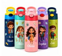 VEELU Botella de Agua Personalizada con Nombre para Niños | Termo Personalizada con Pajita Botella Termica Niños de Acero Inoxidable Botella Agua Niña Regalo Personalizado Infantil