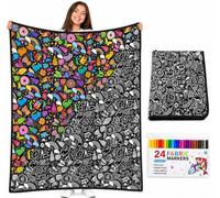 VEELU Manta para Colorear DIY 156×125cm con 24 Rotuladores, Manta Lavable para Pintar Reutilizable, Cobija Antiestrés para Adultos y Niños, Actividad Familiar, Regalo para Cumpleaños (Multicolor 03)