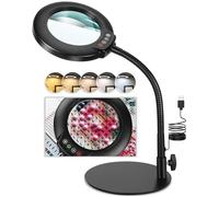 Veemagni 12X Lupa con Luz y Soporte, Lámpara de Escritorio LED con 5 Modos de Color y Regulador de Intensidad Continuo, Lupa Flexible con Cuello de Cisne y Luz para Lectura, Aficiones, Pintura