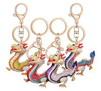 Veemoon 4 Piezas Llavero Dragón Año del Zodiaco Colgante Metálico Resistente con Diseño Auspicioso y Cristales Adornos Coloridos para Bolso y Cartera