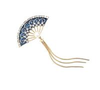 Veemoon Broche de Aleación Diseño de Abanico y Borla, Broche Decorativo para Mujer en Color Dorado y Azul, Alfiler Elegante para Ropa y Vestido en Fiesta, Accesorio Vintage para Pecho