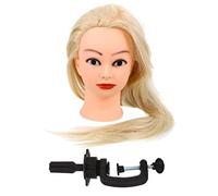Veemoon Cabeza de Maniquí de Cosmetología Sintética con Soporte, 1 Unidad, Tamaño Medio, Cabello Tratado Térmicamente, Color Beige Claro, para Práctica de Peinado y Trenzado Profesional