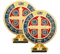 Veemoon Estatua De San Benito 2 Uds. Crucifijo Católico De Escritorio Cruz Con Soporte Estatua Estatuilla Religiosa Recuerdo Bautismo Para El Hogar La Oficina Dorada