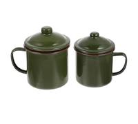 Veemoon Juego de 2 Tazas de Esmalte Color Verde Militar con Tapa Tamaños 8 CM y 9 CM Resistentes a Altas Temperaturas Ideales para Té y Bebidas Oficina y Hogar