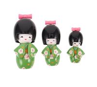 Veemoon Muñecas Kokeshi Japonesas 3 Piezas Set Tradicional de Madera Kimono Verde Claro y Estampado de Ciruelo, Figuras Decorativas Asiáticas Coleccionables para Hogar, Oficina