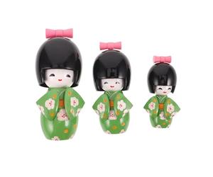 Veemoon Muñecas Kokeshi Japonesas 3 Piezas Set Tradicional de Madera Kimono Verde Claro y Estampado de Ciruelo, Figuras Decorativas Asiáticas Coleccionables para Hogar, Oficina
