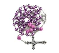 Veesper Collar de rosario católico de 8 mm, perlas moradas, collar religioso con cruz de flor rosa.