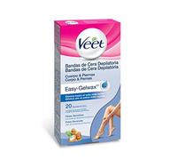 Veet Bandas de Cera Fria Depilatoria para Depilación de Cuerpo y Piernas con Aceite de Almendras, Easy Gelwax, Pieles Sensibles, 20 bandas
