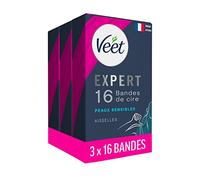 Veet EXPERT - 48 tiras de cera con axilas frías - Piel sensible - Acabado perfecto - Depilación duradera - Juego de 3 x 16 tiras