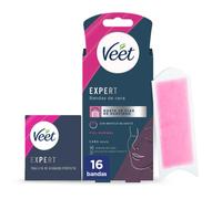 Veet Expert Bandas de Cera Fría Facial | Depilación Labio Superior, Mejillas y Barbilla | Piel Suave hasta 28 Días | Con Manteca de Karité | 16 Tiras + 3 Toallitas