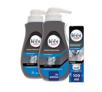 Veet Men Crema Depilatoria para Pecho Espalda Brazos y Piernas, Pieles Sensibles + Axilas con Roll-On, 2x400ml + 100ml