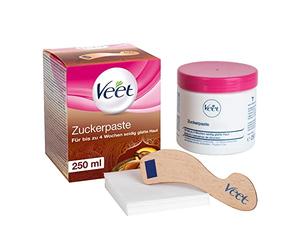 Veet Pasta de azúcar pura con aroma a flor de vainilla, pasta de azúcar para la depilación en cuerpo y cara, 1 x 250 ml, incluye espátula de madera y tiras de tela