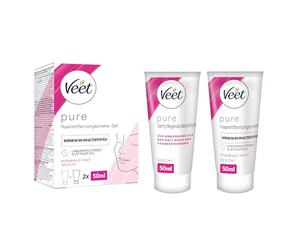 Veet Pure Depilación Facial - Crema para el labio superior, mejillas y cejas, piel normal, 50 ml, crema depilatoria, crema nutritiva y espátula
