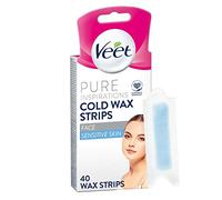 Veet Pure Face - Tiras de cera fría (40 unidades) | Fórmula hipoalergénica, hasta 28 días de suavidad, Gnetle en la piel, ingredientes mínimos, elimina el pelo corto de la raíz