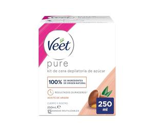 Veet Tarro Cera Depilatoria con Aceite de Argán para Todo Tipo de Pieles - Cuerpo y Rostro - 250 ml con Bandas de Tela Reutilizables
