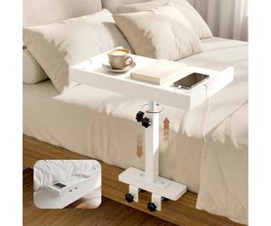 VeftBltrem Bandeja de Cama 35 x 20 cm, Mesita de Noche para Colgar con Clip, Estante con pasacables y Ranura para Cable, Organizador para Entre colchón y Marco para litera, Dormitorio pequeño (Blanco)