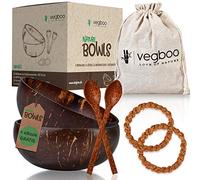 Vegboo® Juego de 2 cuencos de coco con libro electrónico, 100% duradero sin plástico, hecho a mano con muchos accesorios, ideal como tazón de cereales, vegano, acai y batido