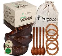 vegboo LOVE OF NATURE - Juego de 4 cuencos de coco con libro electrónico y accesorios - Vegano duradero Cuenco de coco - Hecho a mano Ideal como tazón de cereales, vegano, acai y batido