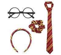 VEGCOO 4 Piezas Disfraz de Mago, Corbata, Diadema y Gomas Pelo a Rayas Burdeos y Amarillas, y Gafas Redondas Negras, Accesorios de Disfraz de Mago para Carnaval Teatro Cosplay o Halloween